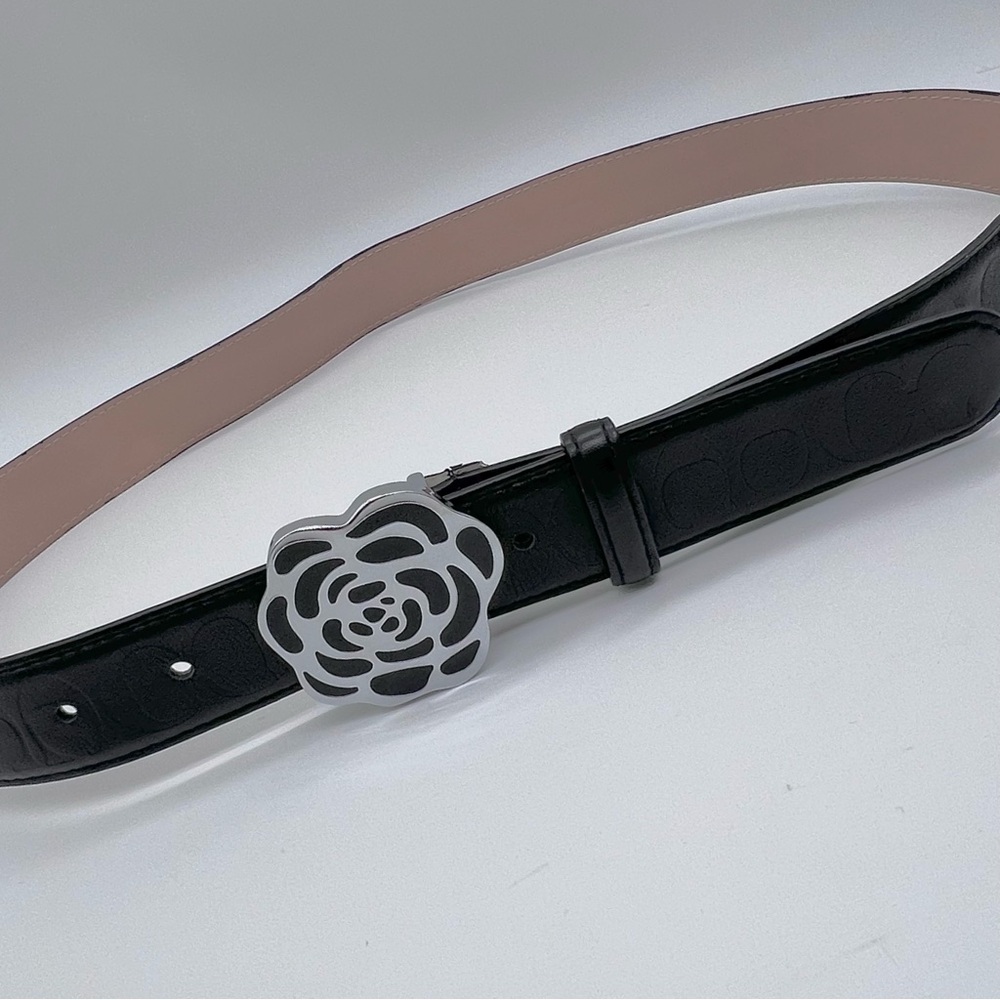 Coach Black & Blush Reversible Leather Belt with Floral Buckle- 40” - Picture 9 of 16